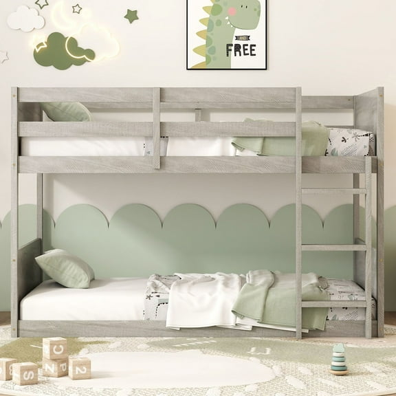 Noble House Twin Over Twin Floor Bunk Bed, Solid Rubber Wood Frame with Panel Headboards, Antique White