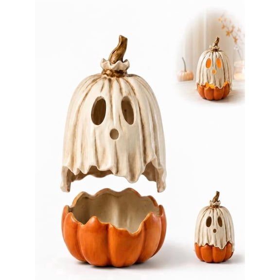 Halloween 9.8" Ghost Pumpkin Candy Bowl - Resin Jack O' Lantern Treat Holder for Indoor Outdoor Front Porch