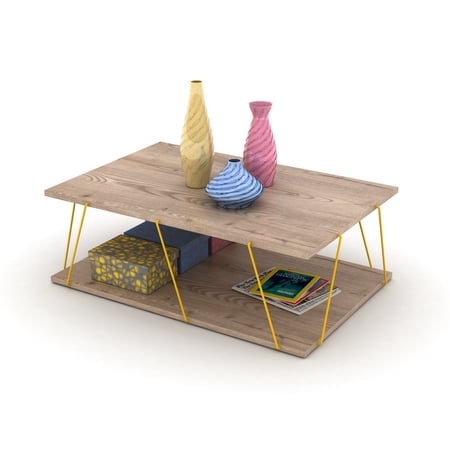 Tarsilino Wood base with metal acessories coffee table, Easy to assemble, Oak-Yellow