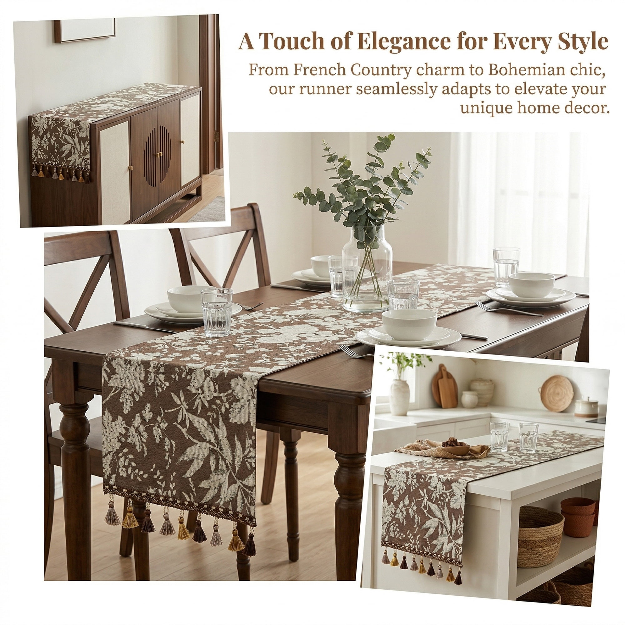 Unique Bargains Floral Table Decoration Kitchen Runner with Tassel Coffee 13.8x63in