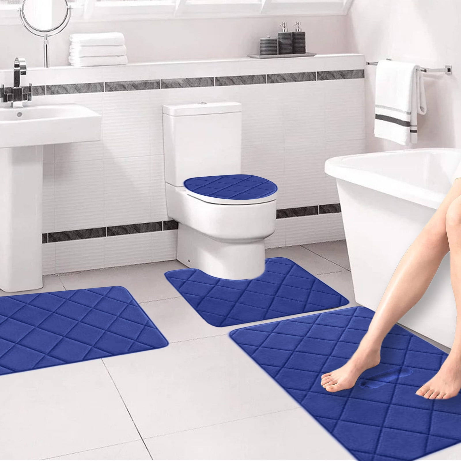 Jioakfa Memory Foam Bathroom Rugs Set 4 Pieces, Soft Non Slip Bathroom Mats Set With Pvc Backing, Extra Thick Bath Mats For Bath Room, Machine Washable Bath Rugs For Tub, Toilet And Floor Blue