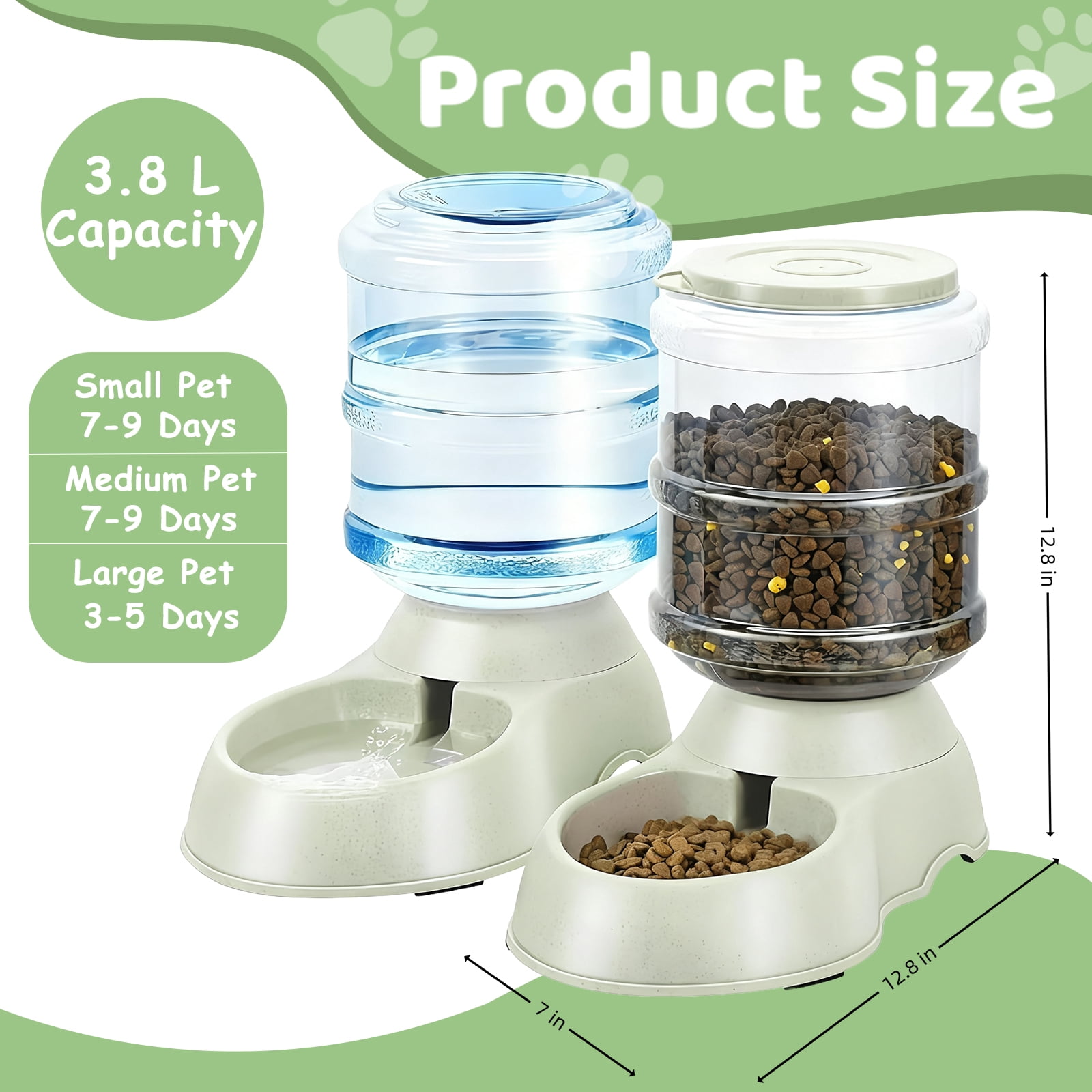 2 Pack Automatic Cat Feeder and Water Dispenser in Set Pet Food Bowl for Small Medium Dog Pets Puppy Kitten Big Capacity 1 Gallon x 2 (Green)
