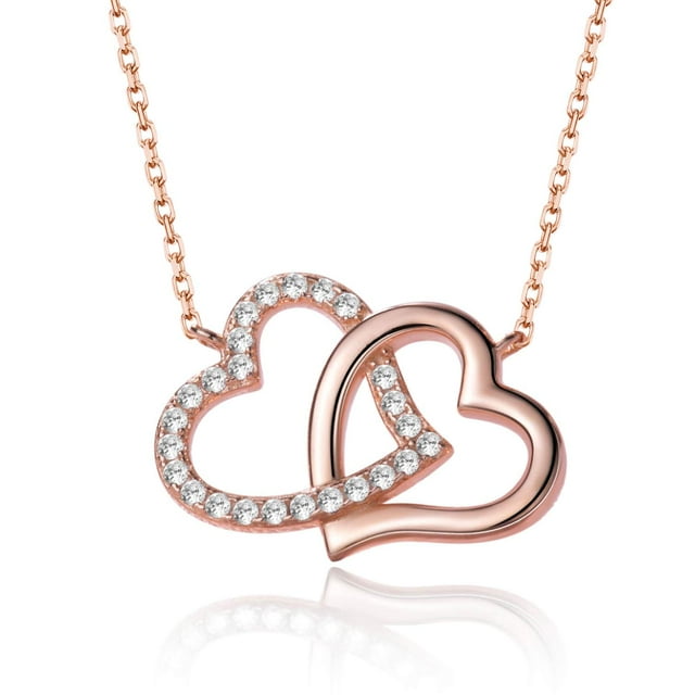 Collar de corazón Collar con colgante de corazón doble de circonita cúbica de plata esterlina Collares de corazón de oro para mujer