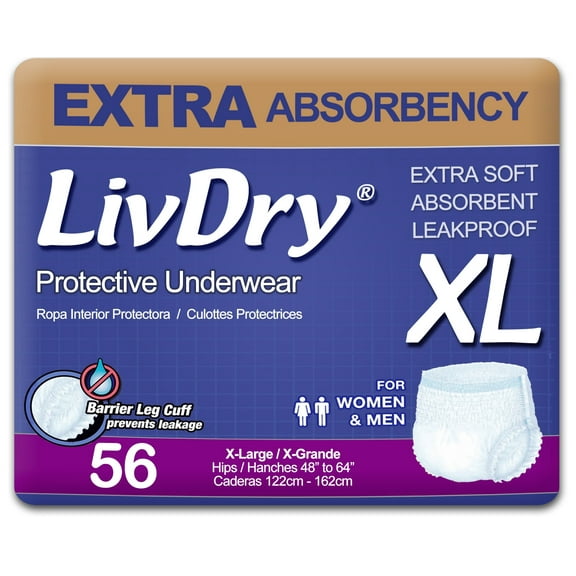 LivDry XL Adult Diapers for Women and Men, Leak Guard Incontinence Underwear, Extra Absorbing (X-Large, 56-Pack)