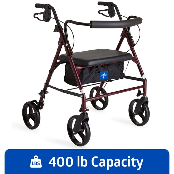 Medline Rolling Walker, Folding Rollator with Seat and 8-In Wheels, Heavy Duty, Burgundy, 500-lb Capacity, Steel