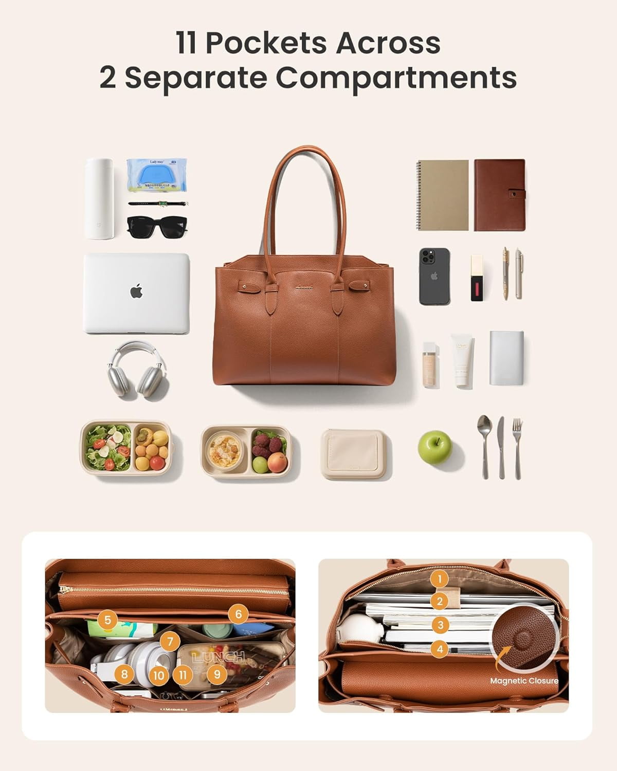 LOVEVOOK Laptop Tote Bag for Women, 15.6 Inch Waterproof Leather Computer Work Purse with Zipper for Teacher & Travel