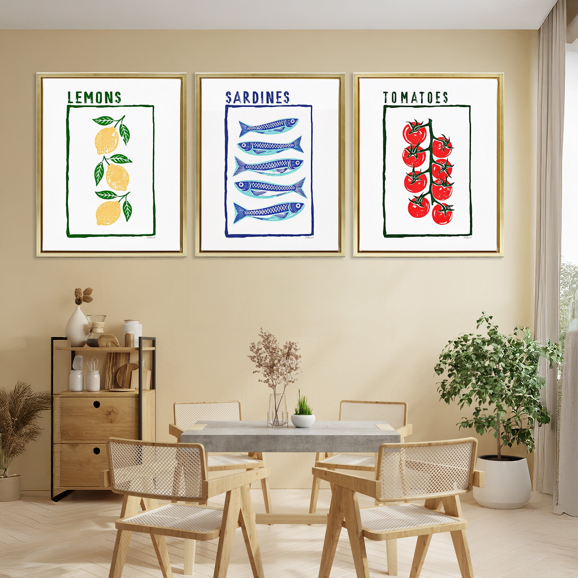Stupell Industries Healthy Summer Foods 3 Piece Gold Framed Floater Canvas Set, design by Amanda Greenwood