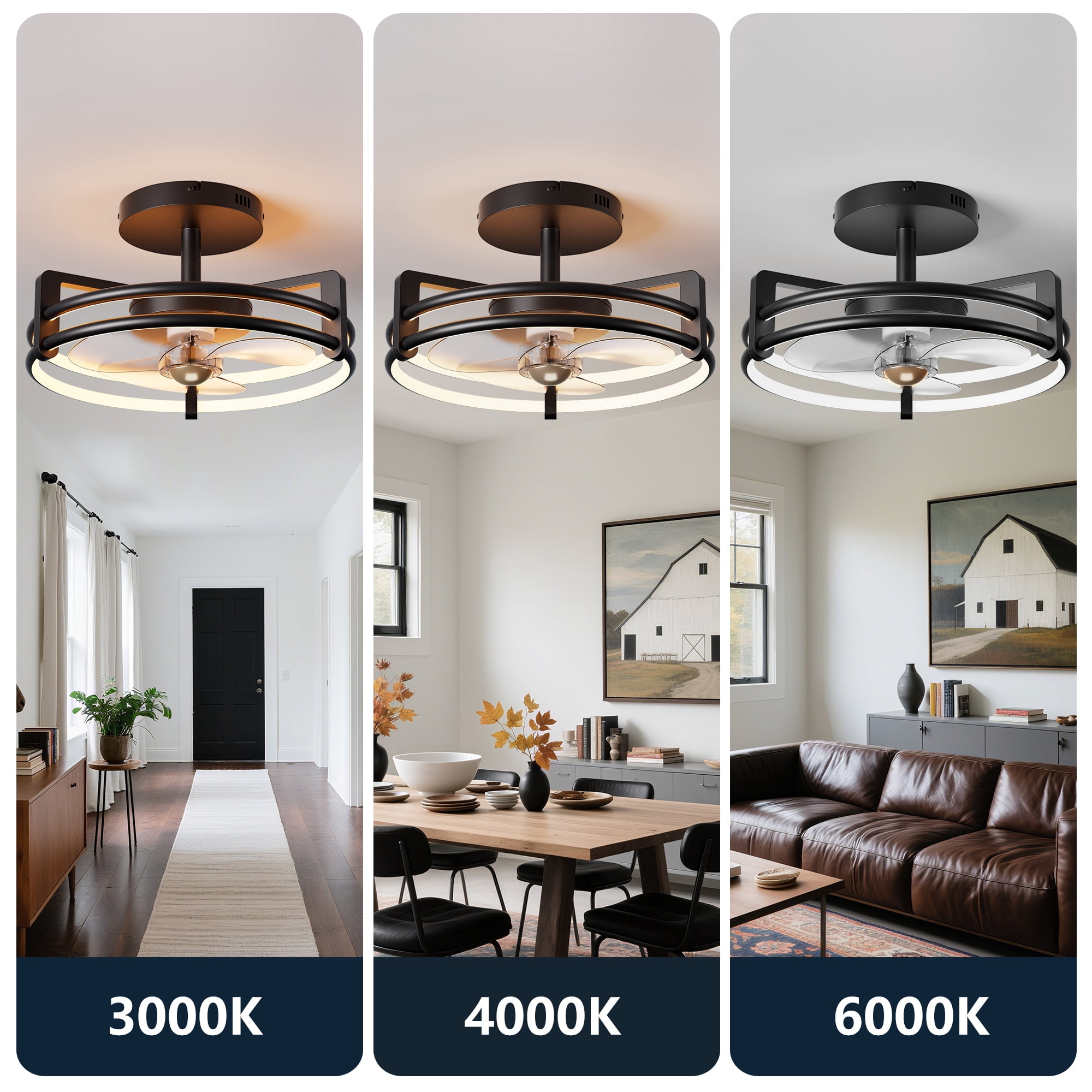 16 inch Ceiling Fan with Light and Remote Control, Black Modern Ceiling Fan for Kitchen, Bedroom, Indoor, 6 Speed, Quiet, Timing