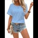 thumbnail image 3 of Camisa de Corta con Bordado de Ojales para Mujer, Cuello Redondo, Botones en la Espalda, Blusa Básica Informal Holgada de Punto, Azul M, 3 of 8