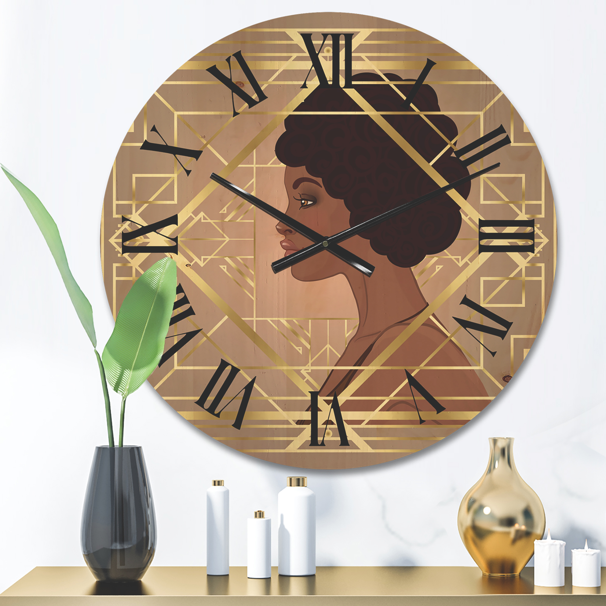 Designart 'Retro Girl In Golden Art Deco Geometrics II' Modern Wood Wall Clock