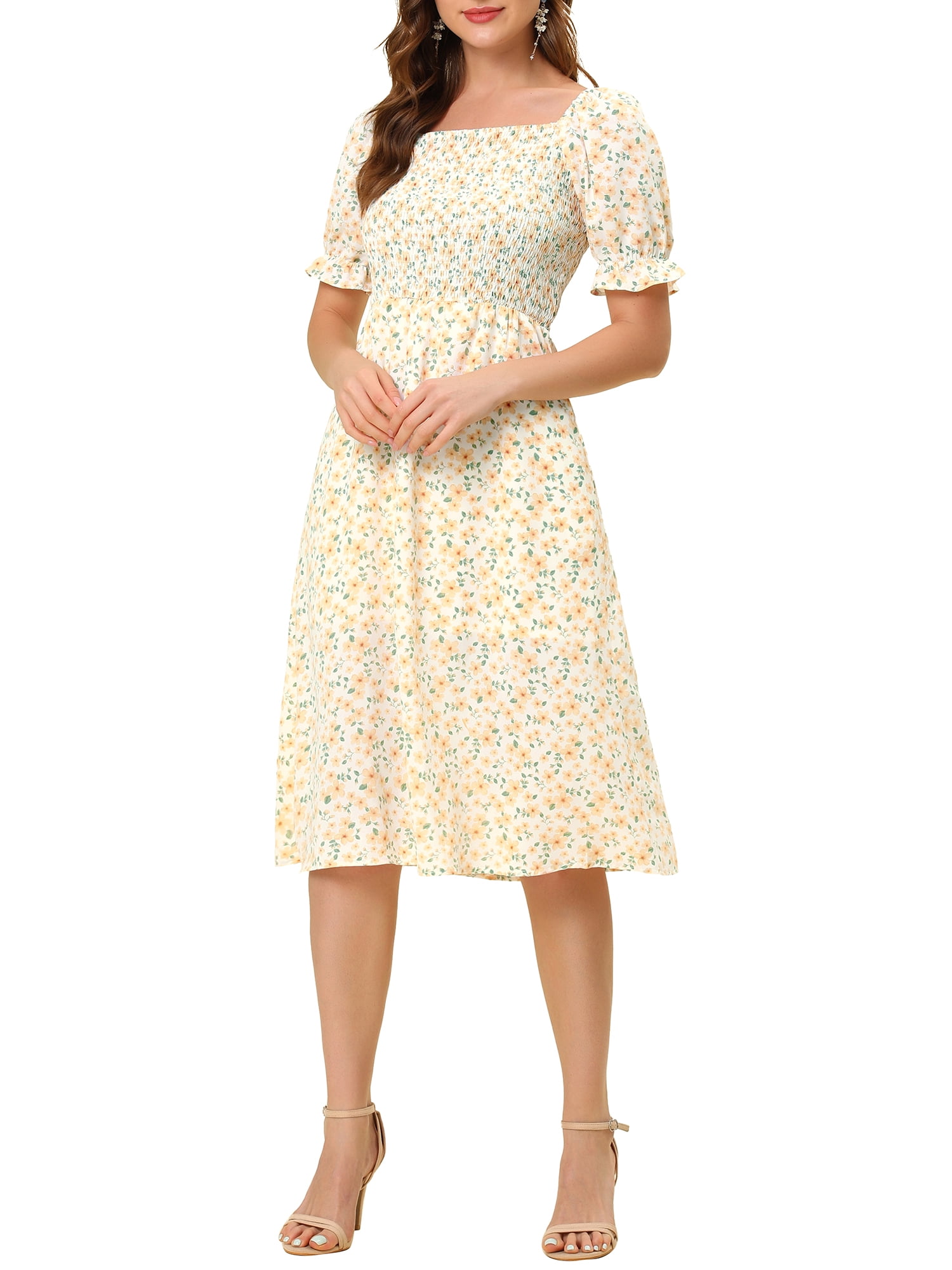 DARING DIVA Square Neck Puff Sleeves Smocked Waist Midi Floral Dres XS Orange