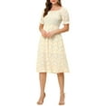 thumbnail image 1 of Vestido Midi de Mujer INSPIRE CHIC con Cuello Cuadrado, Mangas Cortas Abullonadas, Floral, Primavera Verano, Naranja, 3XL, 1 of 5