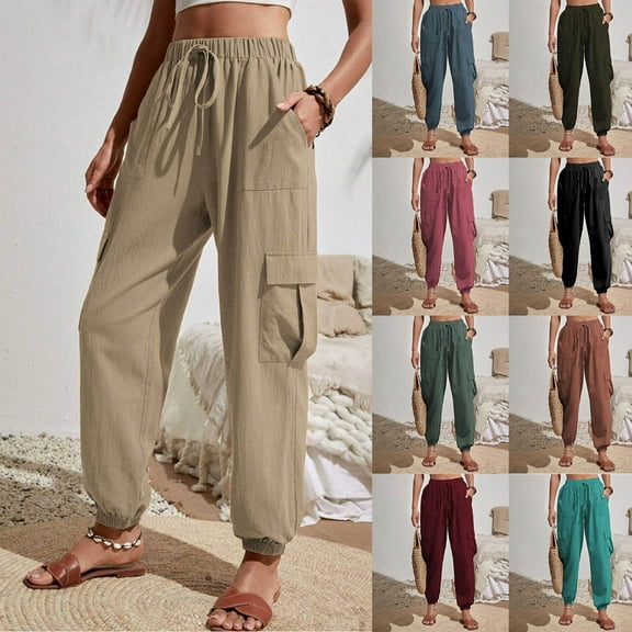 ZZwxWA Womens High Waisted Jogger Pants Solid Color Loose Hiking Joggers for Women Elastic Waist Drawstring Casual Lightweight Tapered Cargo Pants with Pockets