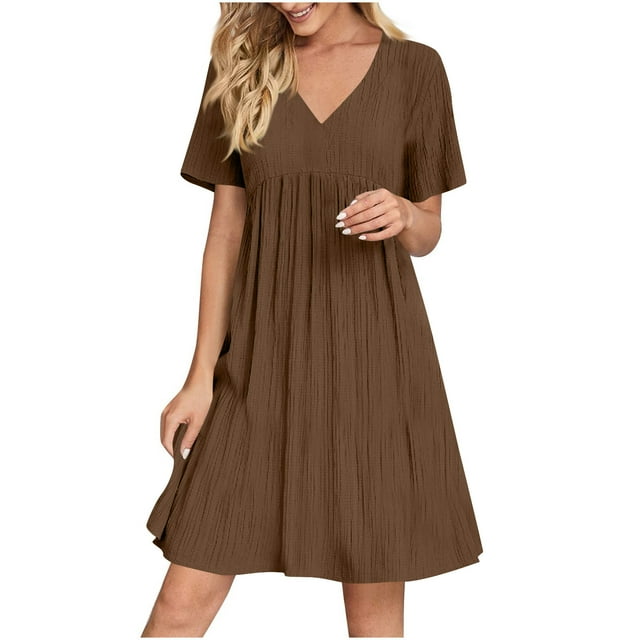 LOVZFMLL Robes d'Été Décontractées pour Femmes Manches Courtes Évasées Col en V à Volants Longueur Genou Robe de Plage Marron G