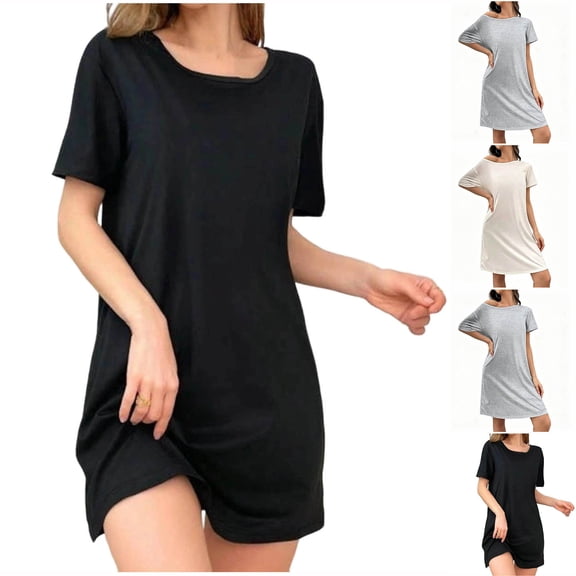 Asxite Womens Pajamas Solid Round Neck Short Sleeve Loose Breathable Loungewear Midi Nightgown