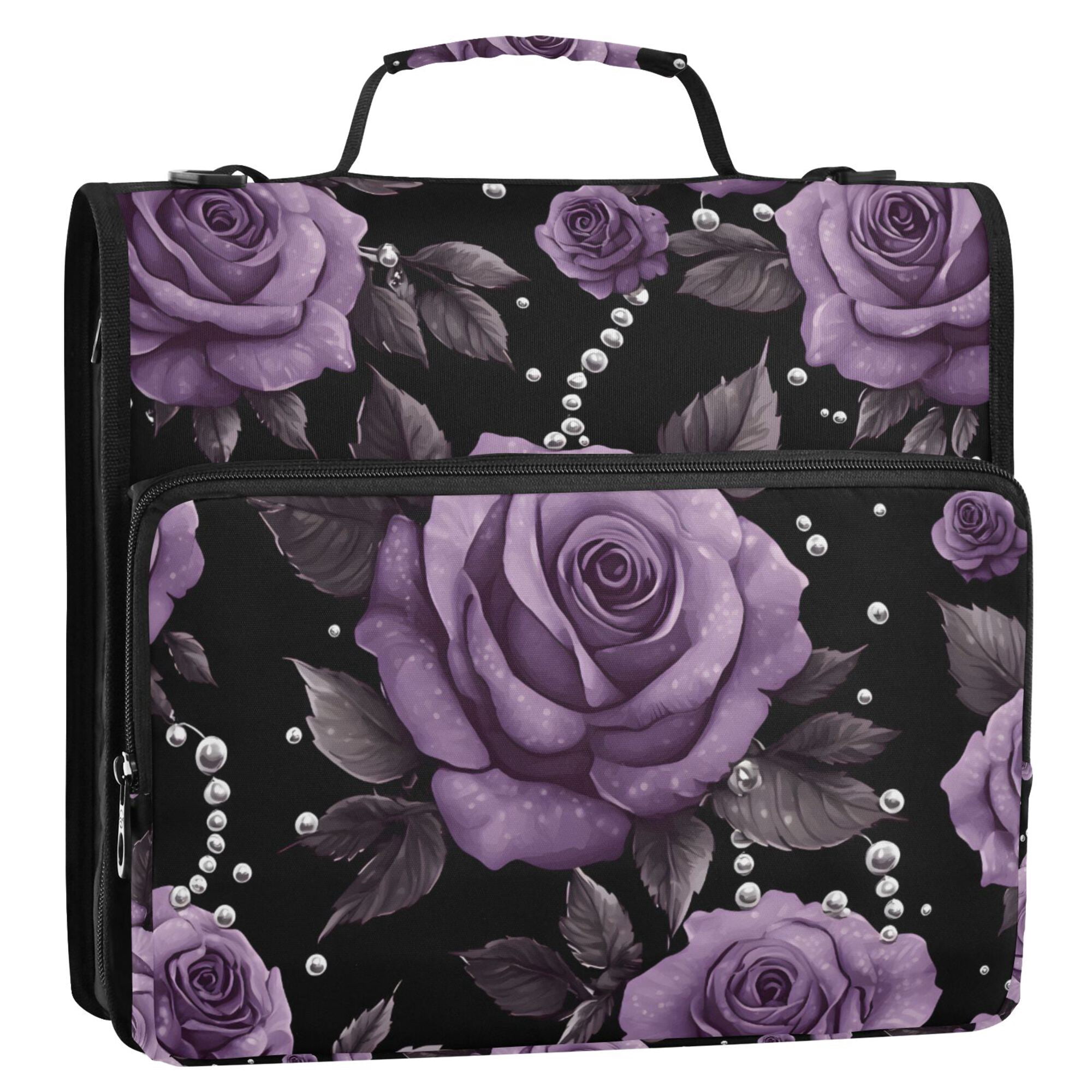 FORMRS Zipper Binder with Shoulder Strap 2-inch Ring 500 Sheet Capacity File Bag, Black Roses
