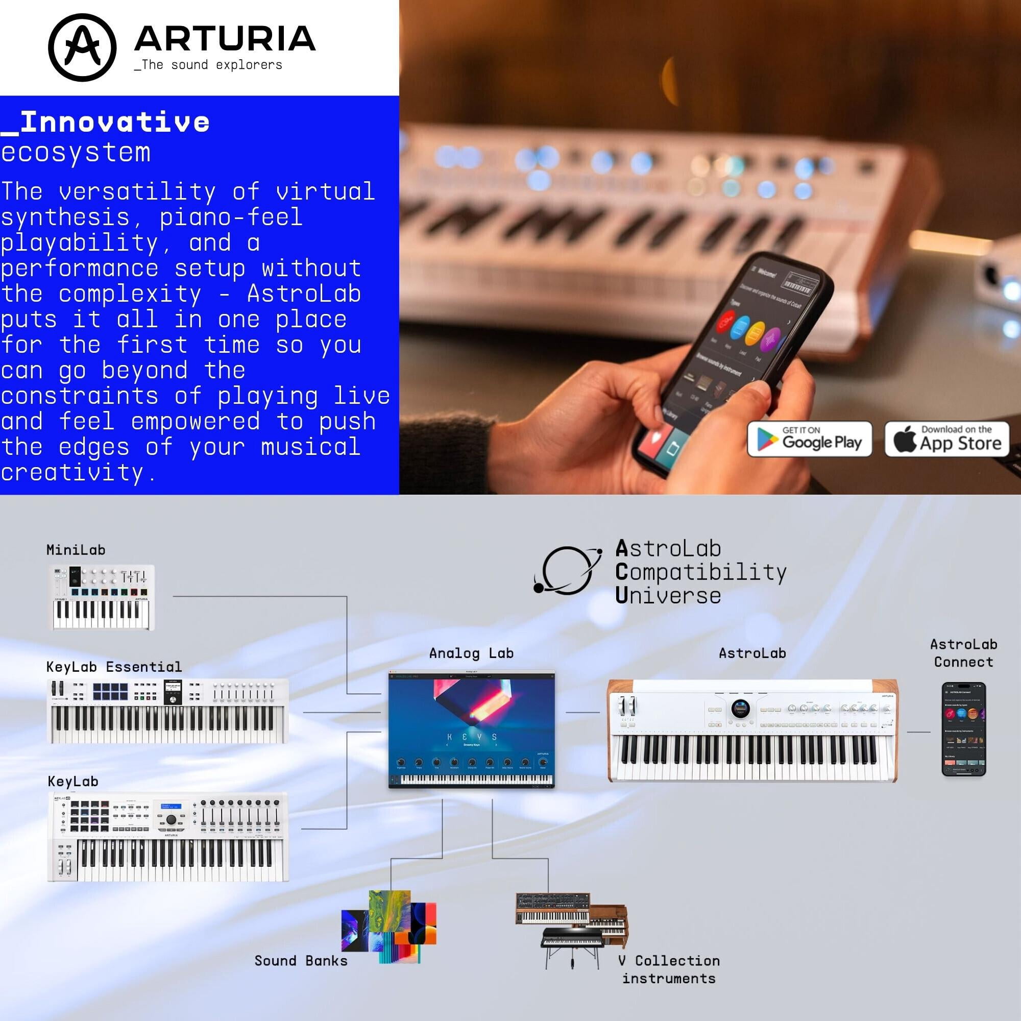Arturia Astrolab Avant-Garde 61-Note Semi-Weighted Stage Keyboard (White) Bundle with Knox Gear Stand, Knox Gear Bench (Black), Knox Gear Headphones, Pedal (Black) and Guitar Cable (2-Pack) (7 Items)