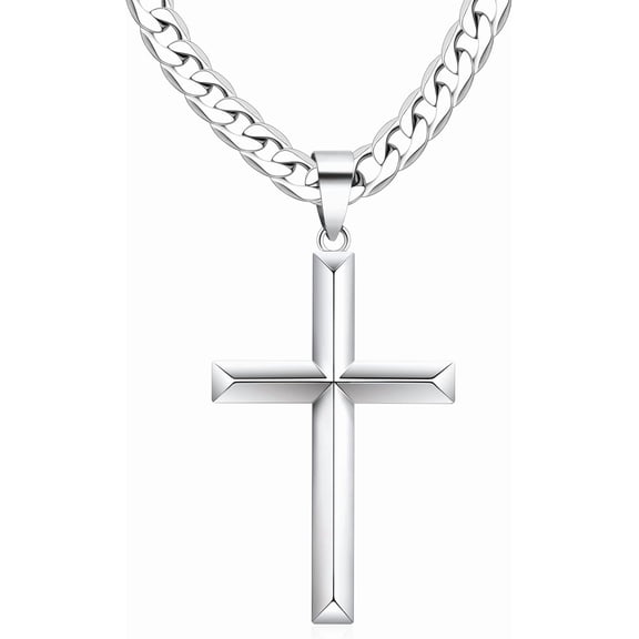 925 Sterling Silver Cross Necklace for Men Women with Stainless Steel Diamond Cut Durable Cuban Link Chain Polished Beveled Edge Cross Chain Pendant Necklace Jewelry 20 Inches|925 Sterling Silver Cro
