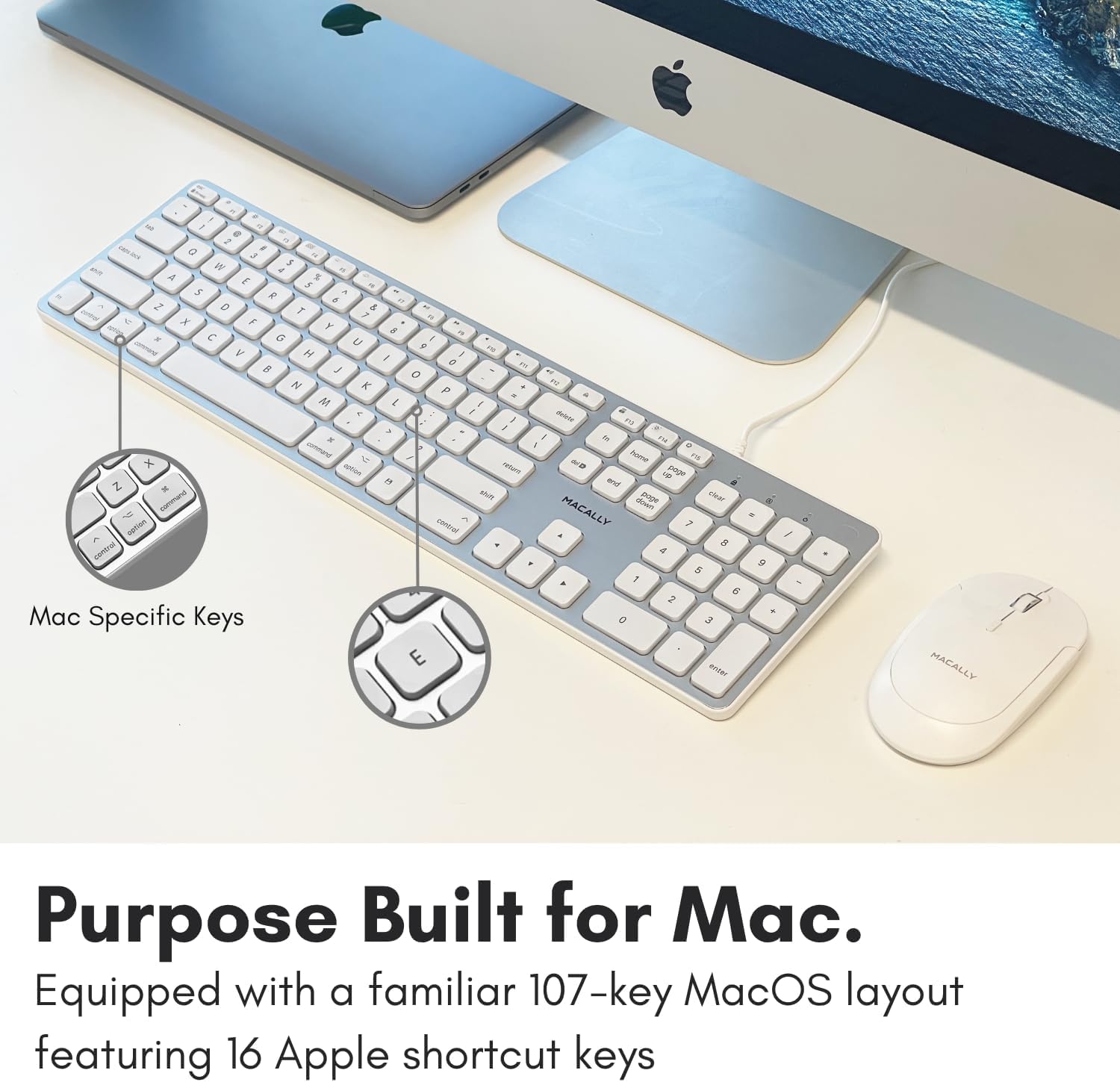Macally Backlit Wired Keyboard for Mac | Compatible Apple Keyboard with Numeric Keypad | Comfortable All Day Typing, Compatible on Macbook Pro / Air, iMac, Mac Mini / Pro - Silver