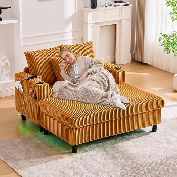 56'' Oversized Chaise Lounge Chair Indoor, Comfy Corduroy Chaise Sofa Recliner Bed Upholstered Sleeper Couch Bed with USB Charging, LED, Cup Holder, Side Pocket for Living Room (Mustard Yellow)