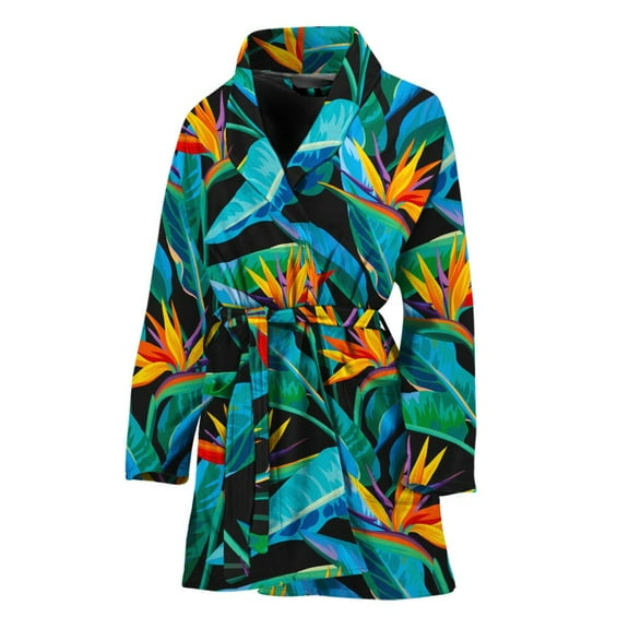 Teal Tropical Pattern Women Bathrobe One Size Univeral Fits, Aloha Hawaiian Tropical Floral Plants Summer Fashion Lightweight Plush Fleece Long Robe For Women