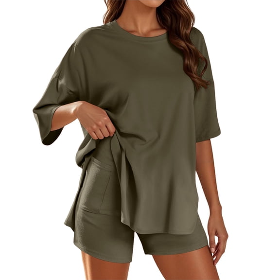 Trendy Women's Shorts Suit For Everyday Wear And Vacations Stylish Round Neck Design Solid Color Outfit Ideal For Summer Adventures With Sneakers