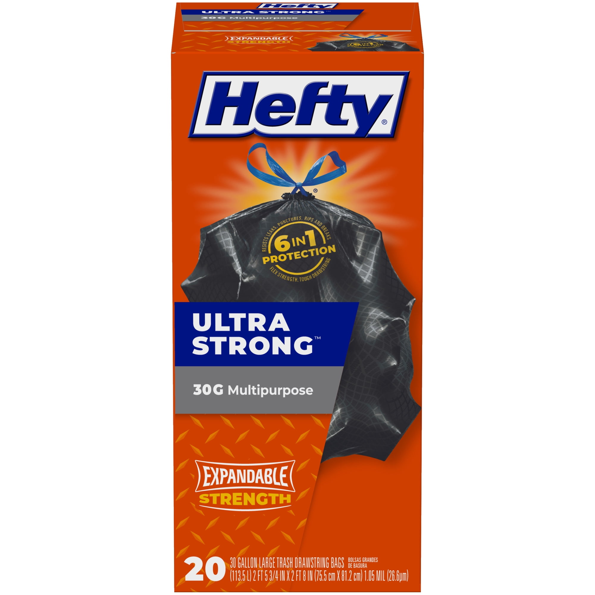 Hefty Ultra Strong Multipurpose Large Trash Bags, Black, Unscented, 30 Gallon, 20 Count