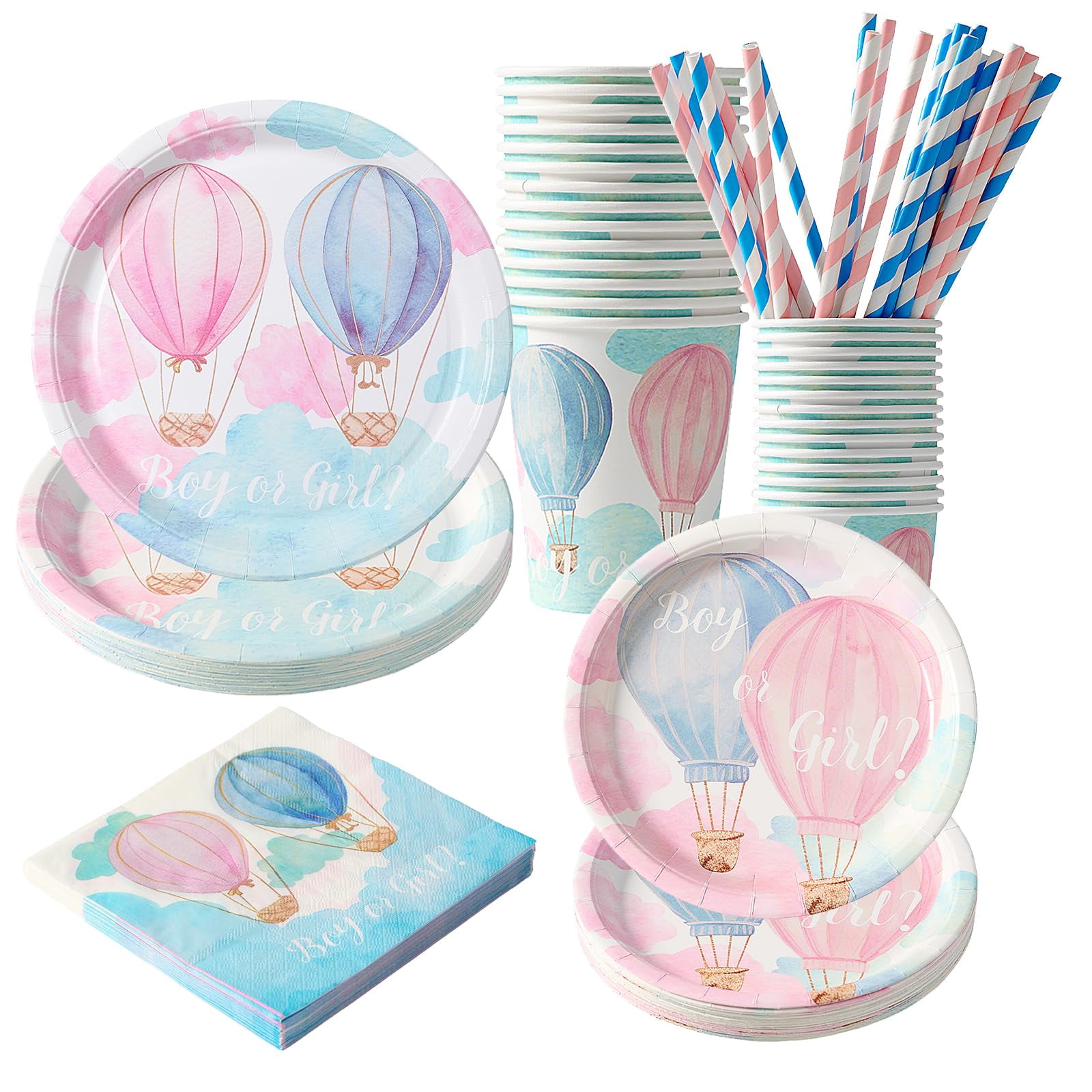 Baby Gender Reveal Party Decorations Boy or Girl Party Supplies Hot Air Balloon Paper Plates Cups and Napkins Set for Baby Shower Serve 24 Guests 121 Pieces VT001