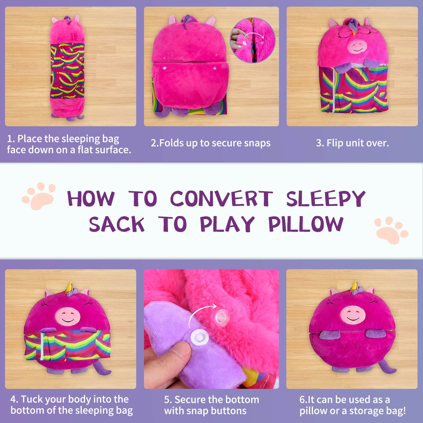 KKL Kids 2-in-1 Foldable Unicorn Sleeping Bag, Pink