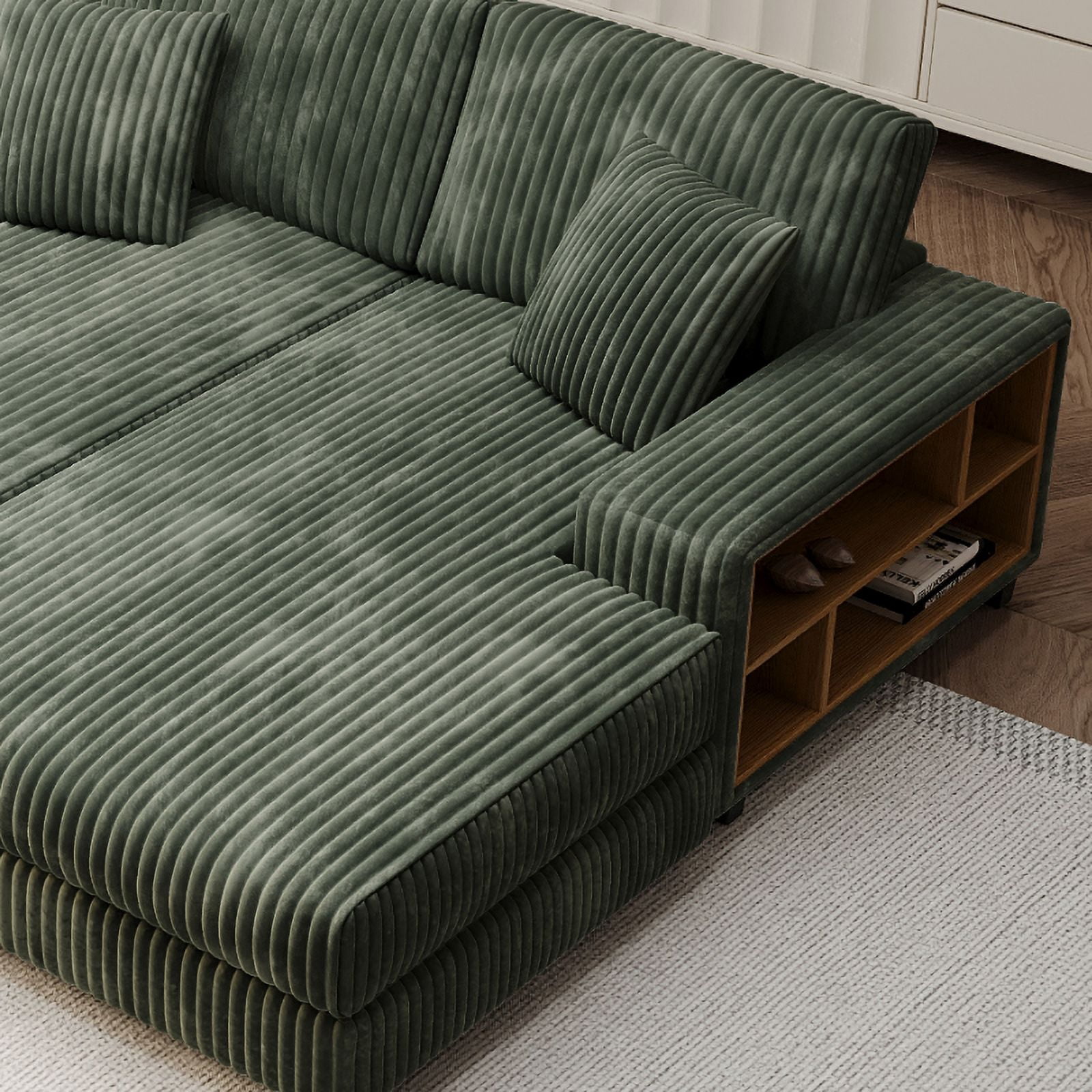 Aukfa 79.5" Oversized Double Chaise Lounges Sofa, Plush Corduroy Sectional with Storage Armrests, Memory Foam Loveseat Sleeper Sofa Couch for Living Room/Bedroom, Green