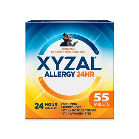 Xyzal 24 Hour Allergy Relief Medicine, Original Prescription Strength Antihistamine, Levocetirizine Dihydrochloride Tablets 5 mg, 55 Count