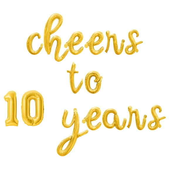 Cursive Script Letter Balloons - CHEERS TO 10 YEARS 16" Inch Alphabet Letters Foil Mylar Balloon 10th Birthday or Anniversary Party Banner (Gold)