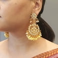 thumbnail image 3 of Efulgenz Indian Jewelry Bollywood Antique Crystal Kundan Beaded Floral Big Dangle Chandelier Earrings Set - Yellow, 3 of 5