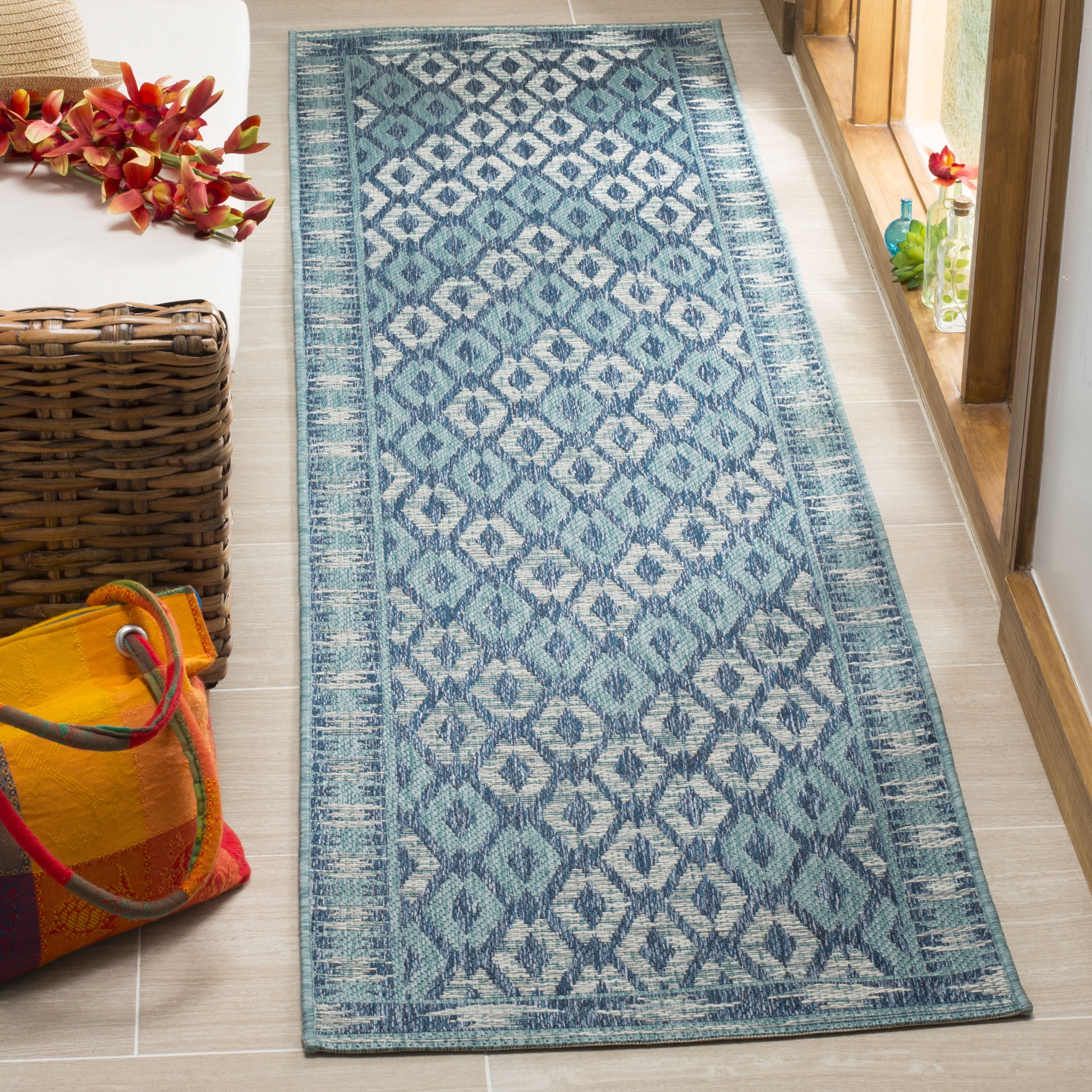 SAFAVIEH Courtyard Nicholas Geometric Diamonds Indoor/Outdoor Runner, 2'3" x 10', Navy/Aqua