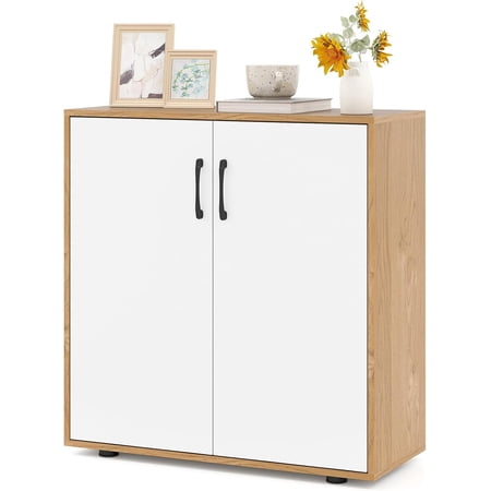 2-Door Buffet Cabinet Credenza Storage Cabinet with 5-Postition Adjustable Shelf Versatile Sideboard with Anti-Tipping Kit for Kitchen Entryway Living Room White and Natural