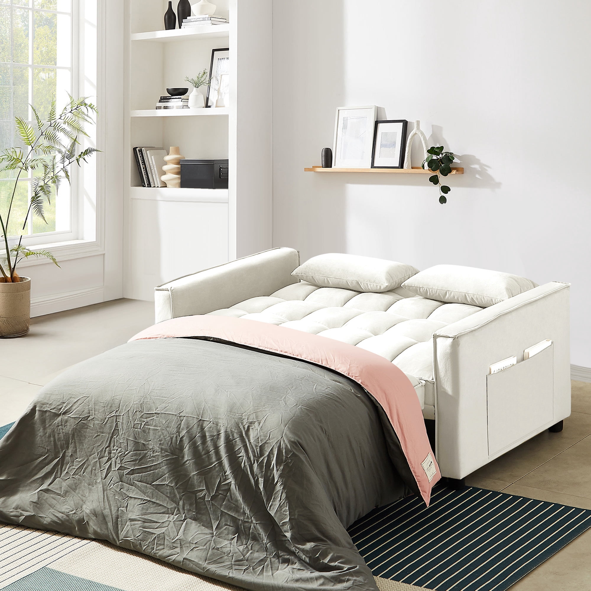Lunale 4-in-1 Convertible Futon Sofa Bed, Pull Out Couch Beds Loveseat Sleeper, Beige Velvet