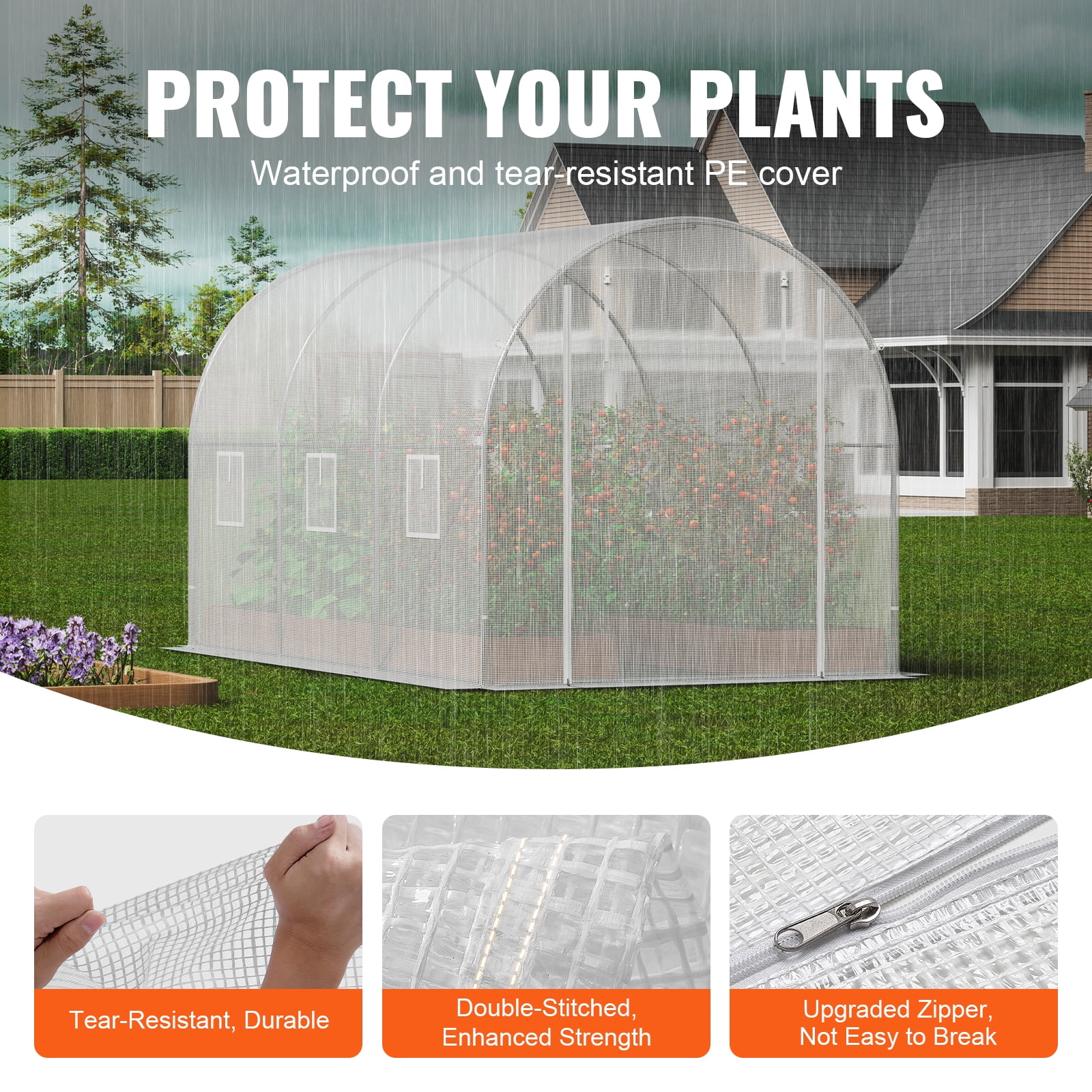 KFFKFF Walk-in Tunnel Greenhouse, 10x7x7 ft, Featuring a Durable Galvanized Steel Frame and White PE Covering, Equipped with a Roll-up Zipper Door and 6 Ventilation Windows