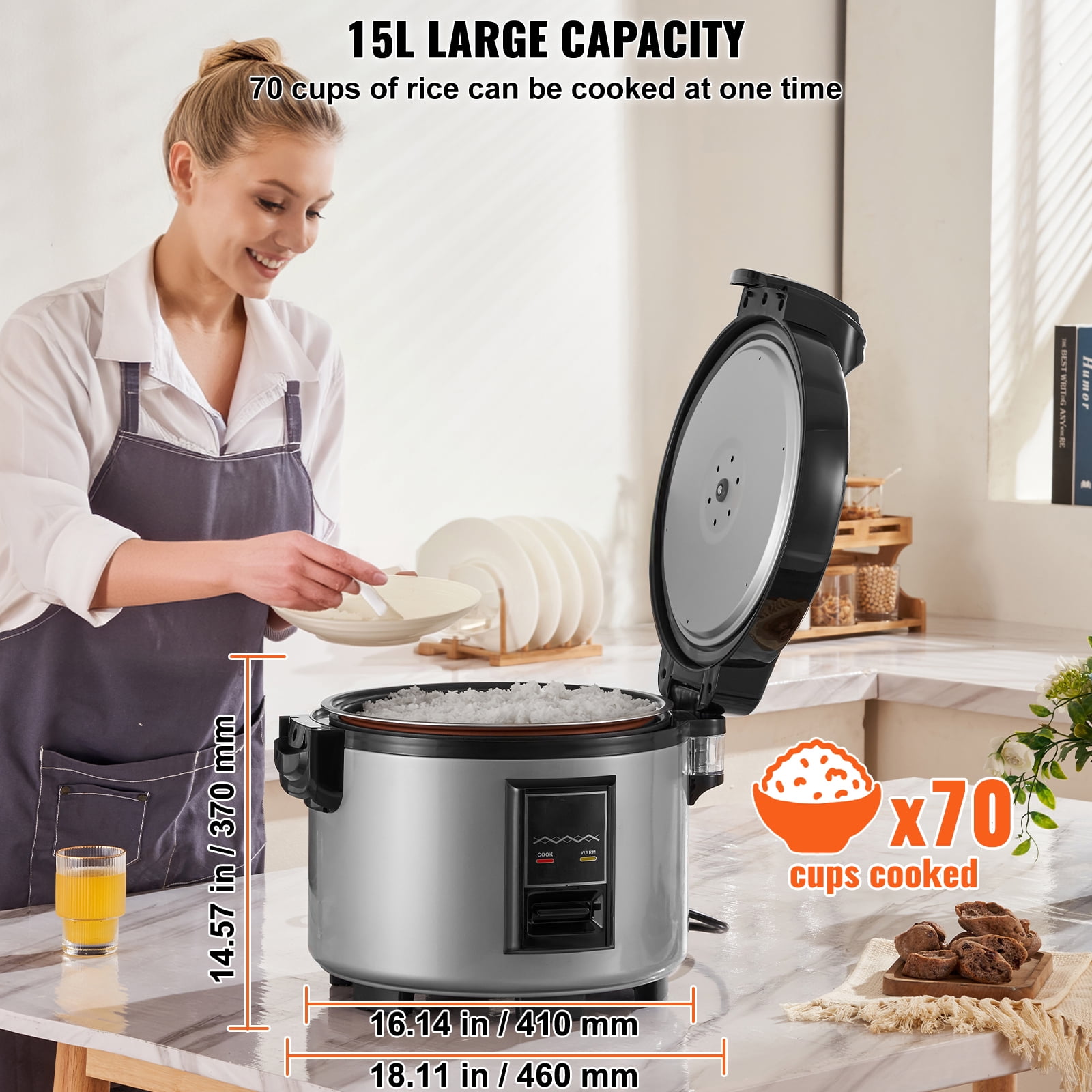 KFFKFF Large Capacity Rice Cooker, Serves 70 Cups, 15.85 Qt / 15L, Durable Nonstick Pot, Swift Cooking & 12-Hr Warmth Retention, Includes Measuring Cup & Paddle, Ideal for Food Businesses