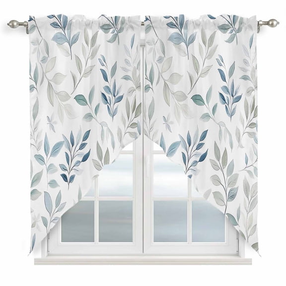 Blue Teal Botanical Kitchen Window Curtains, Swag Curtains Valance for Bedroom Living Room Bathroom, Watercolor Spring Summer Leaves Rod Pocket Window Treatment Curtain Block Drapes 2 Panels 36"x45"