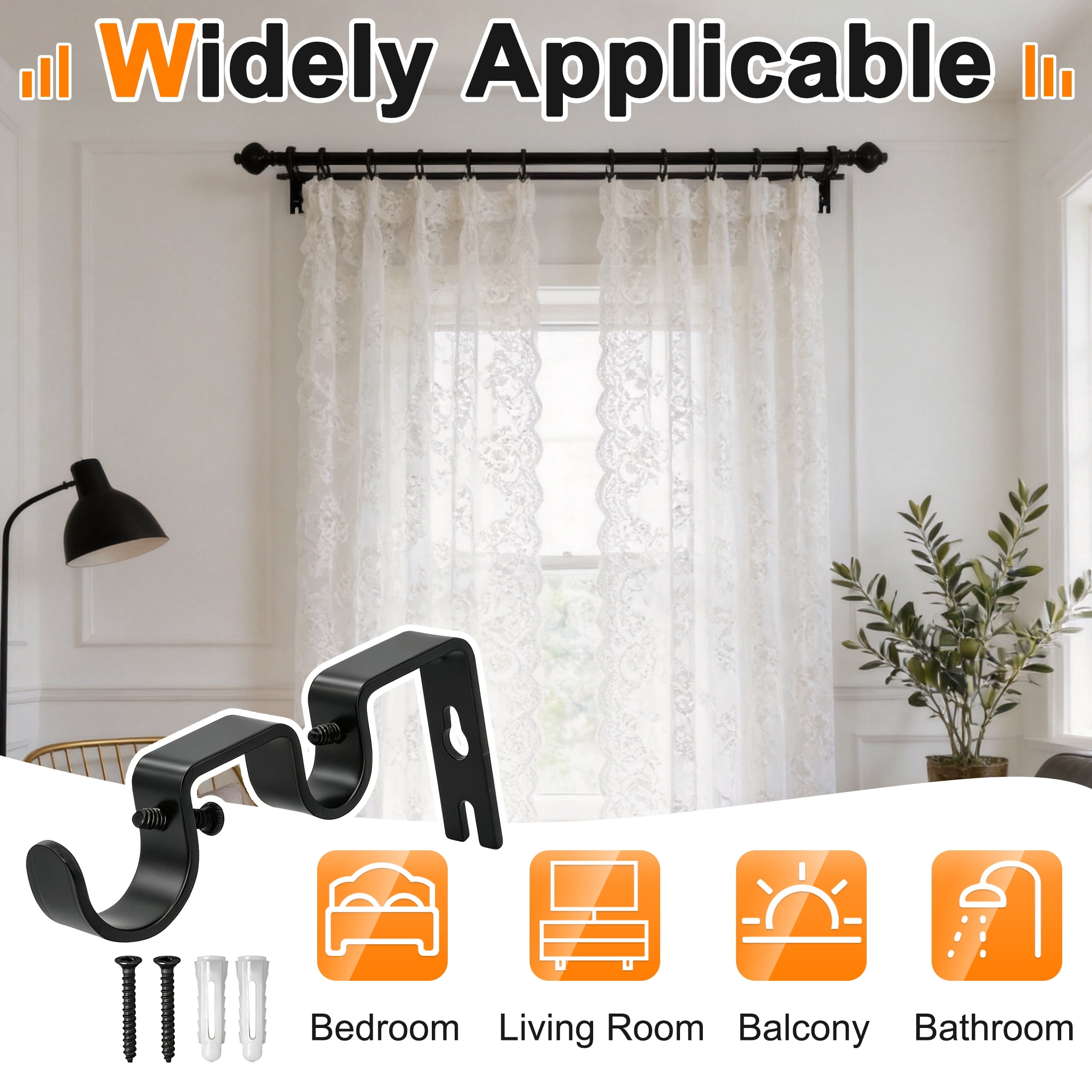6 Pack Double Curtain Rod Brackets, Heavy Duty Black Curtain Rod Holders, Metal Curtain Rod Wall Mount Bracket for 0.7"-1.02" Rods