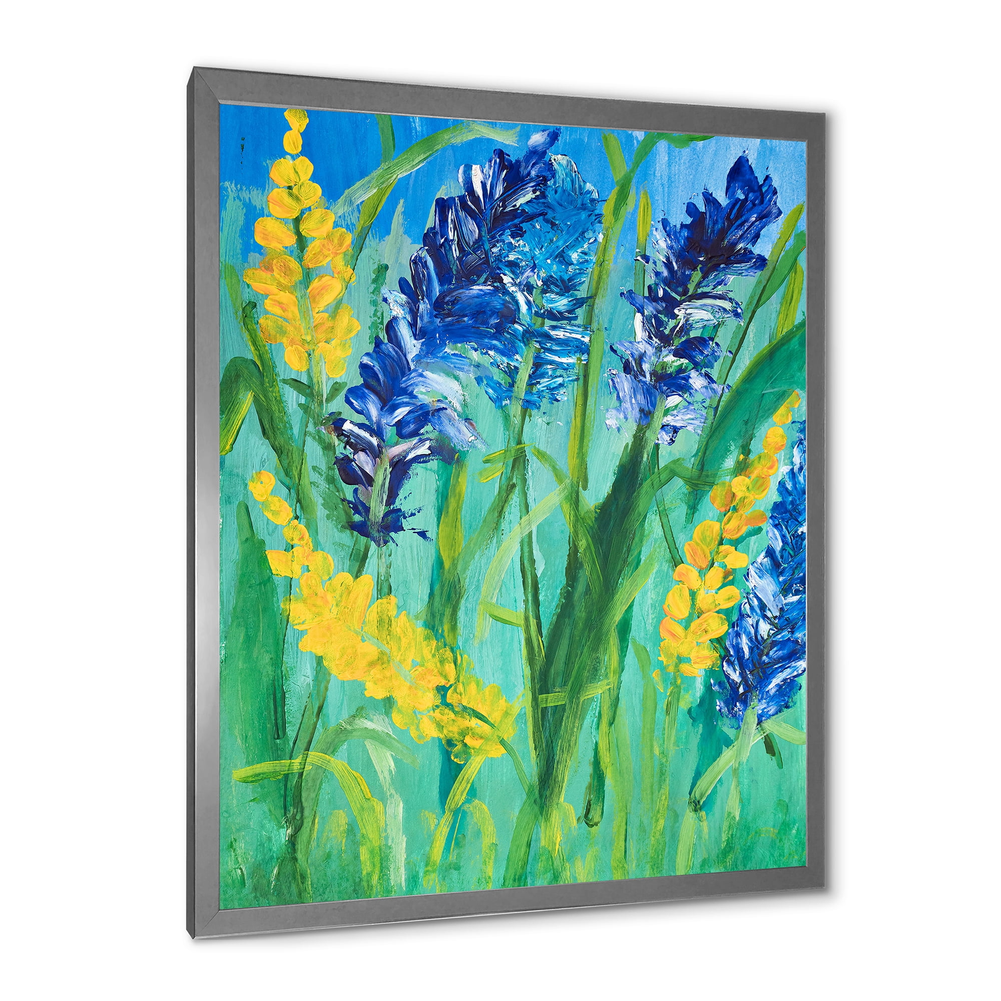 Designart 'Yellow and Blue Wild Flowers and Grass Gouache' Traditional Framed Art Print