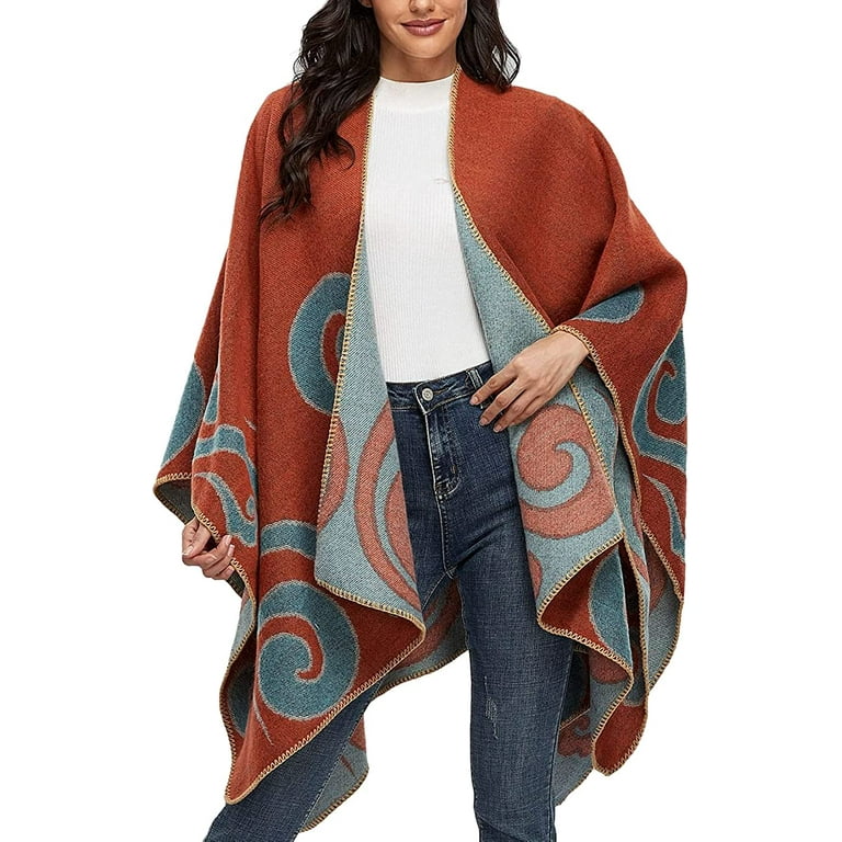 PIKADINGNIS Women's Winter Poncho Capes Vintage Open Front Tassel