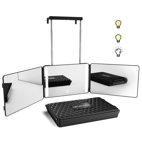 NEXPURE 3 Way Mirror,360 Mirror for Hair Cutting, 3 Color Light Makeup Mirror for Hair Styling and Shaving, Height and Light Adjustable