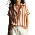 thumbnail image 5 of Endives Boho Tops For Women Striped Short Sleeve Shirt V Neck Loose Fit Blouses Collared Business Casual Outfits for Women Going Out Top Summer Trendy Orange M, 5 of 6