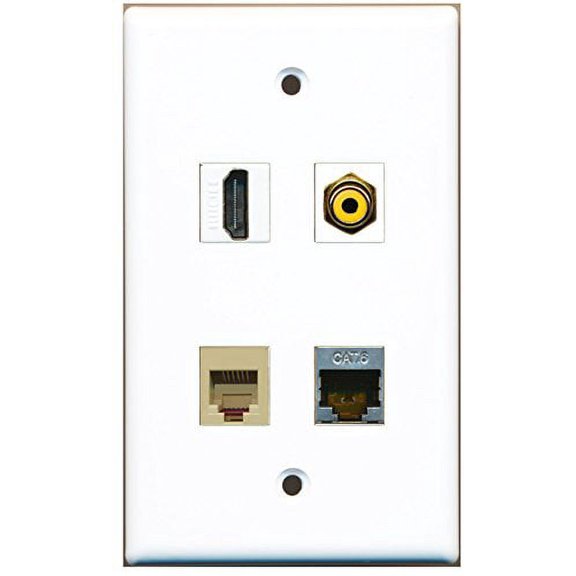 RiteAV - 1 Port HDMI 1 Port RCA Yellow 1 Port Phone RJ11 RJ12 Beige 1 Port Shielded Cat6 Ethernet Wall Plate