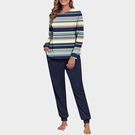 Blmnix Ladies Pajamas Sets Sleepwear Sets 2 Piece Bamboo Pajamas Pajama Set Blue Long Sleeve Taper Crew Neck Full Summer Pjs for Women Set,L