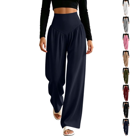 Women Yoga Pants Dqueduo Women's Solid Color High Waist Fold Pocket Long Pants Casual Sports Trousers XL A Navy