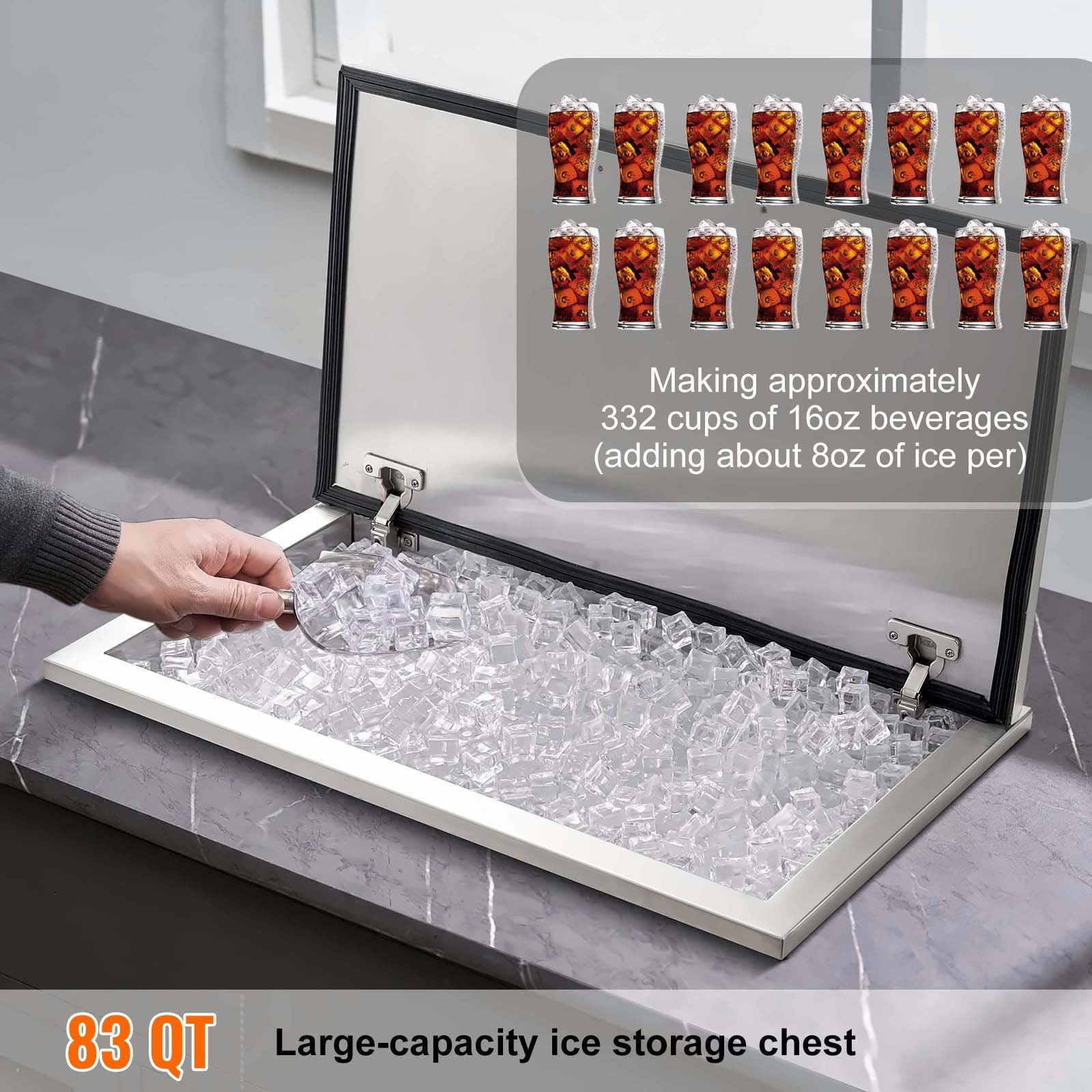 Stainless Steel Drop In Ice Chest, 40 qt Commercial Ice Bin, 24x20x15", Outdoor Kitchen Cooler, Hinged Lid, Drain Included, for Bar, Wine, Beer