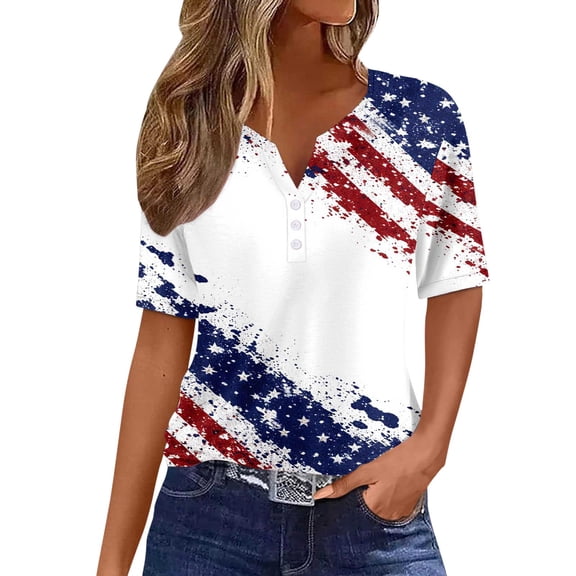 Split Neck Short Sleeve T Shirts for Women Plus Size Stars and Stripes 250th Anniversary USA Oversized Tunic Summer Casual Lightweight Blouse White L