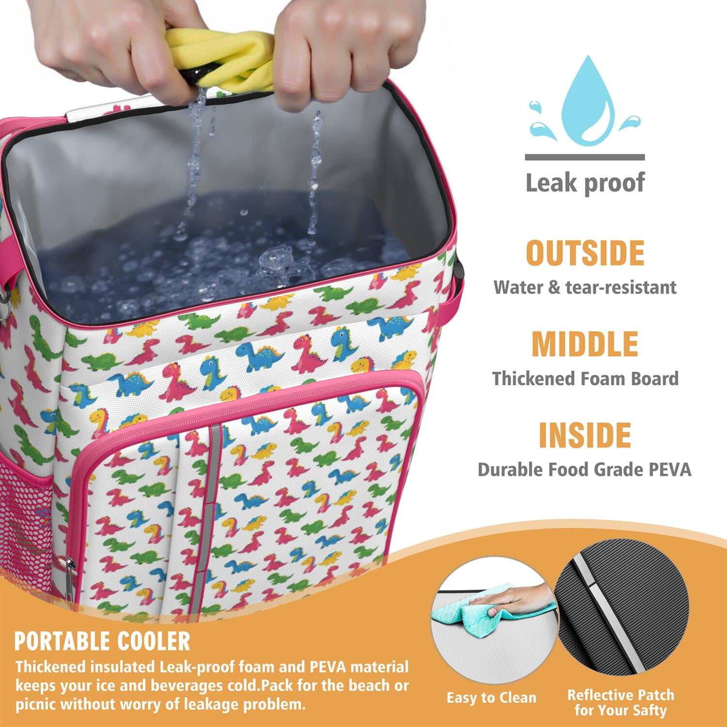Travel Cooler Bag - White Colorful Tiny Dinosaurs Pattern Camping Beer Cooler Backpack with Bottle Opener- Waterproof Insulated Picnic Backpacks - Cooler Bag for Beach